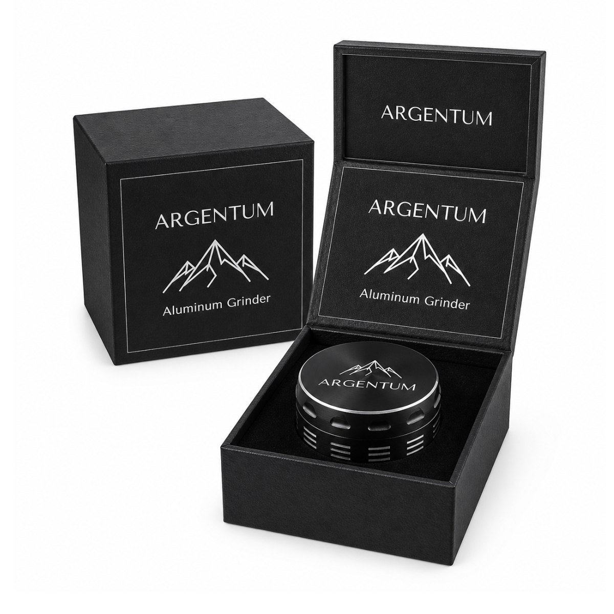 The ARGENTUM grinder presented inside its gift box packaging