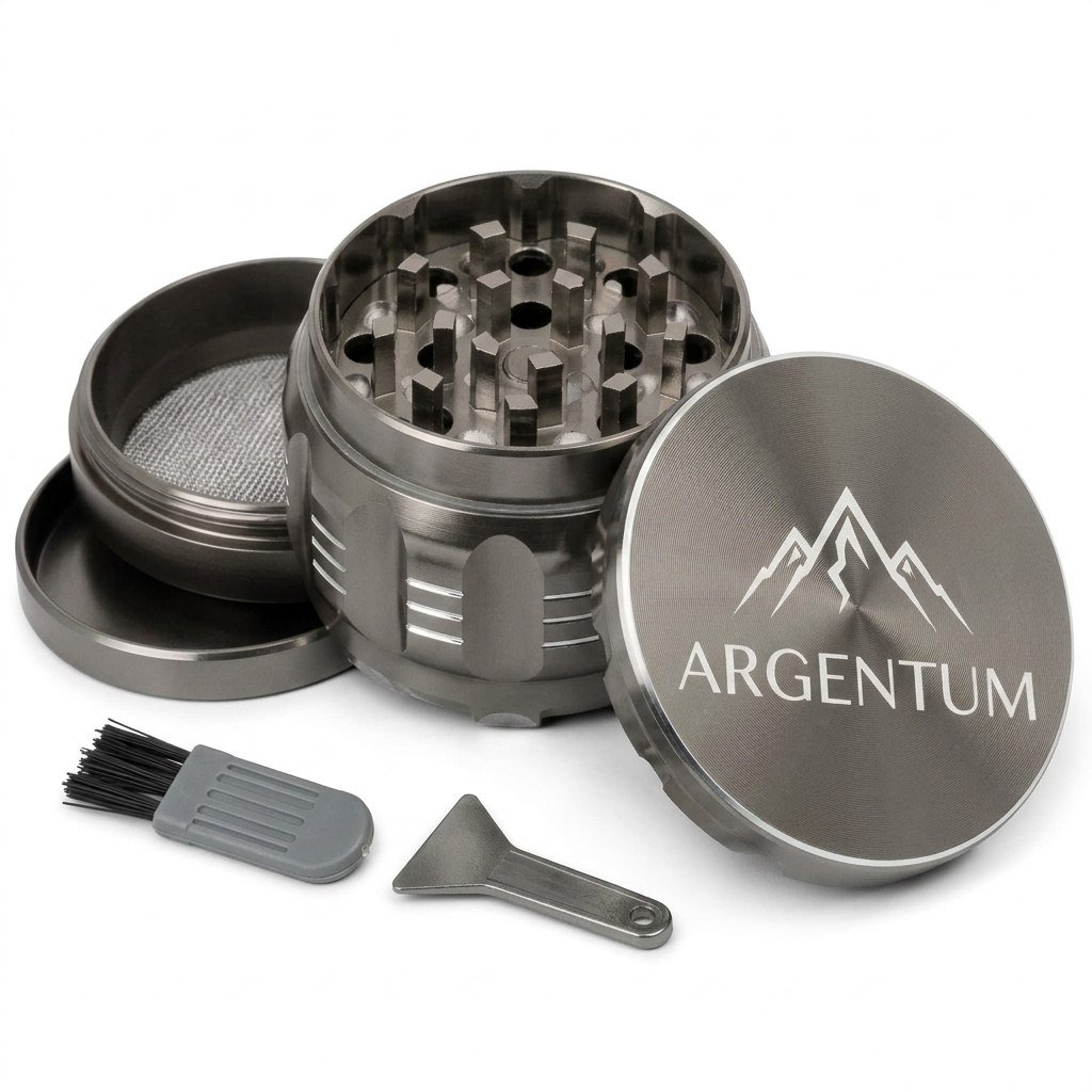 ARGENTUM grinder in the gunmetal grey anodized finish, disassembled with cleaning brush and scraper